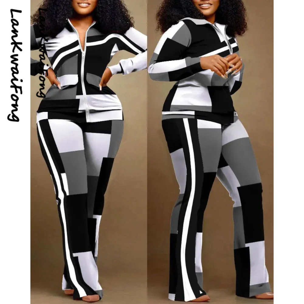 

LKF 2023 New Women's Two Piece Long Sleeve Zipper Jacket Top+Two Piece Pants Slim Sexy Elegant Contrast Checker Camo