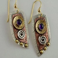 vintage fashion two tone spiral leaf printing carved hook ring exaggerated geometry purple gem pendant earrings