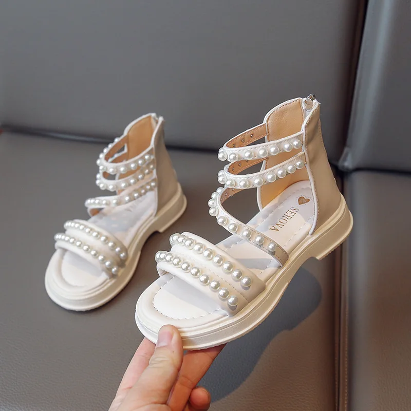 

Kids Girls Sandals 2023 Summer New Soft Bottom Casual Beach Shoes Fashion Trend Pearl Princess Sandals Children Sandals H863