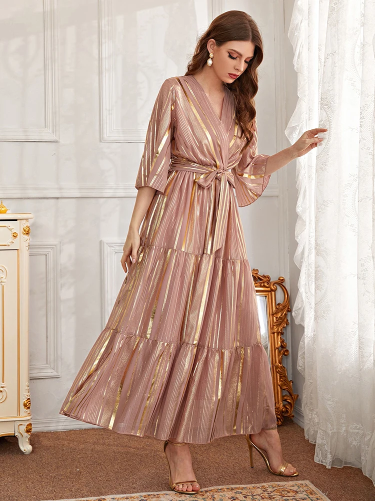 

TOLEEN Women Maxi Dress Ethnic Style Striped Printing Elegant Lady Outfits 2022 Summer Loose Pink Draped Clothing With Tie Belt