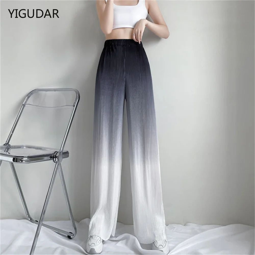 

Women's Ice Silk Gradient Wide Leg Pants Pleated Ankle Length Elastic High Waist Female Summer Loose Trousers sweatpants women