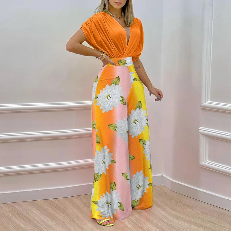 

Fashion Printed Two Piece Set Women Dolman Sleeve Deep V-neck Sexy Cropped Top High Waist Wide Leg Pants Casual Sets 2023 Summer