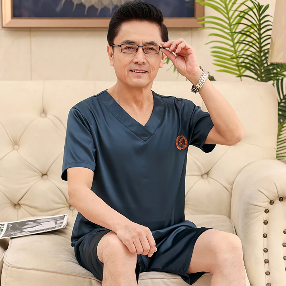 4XL Trendyol Embroidery Silk Like Pajamas For Men Summer Breathable Short Sleeve Pajama Sets Soft Man pijama hombre pyjama homme