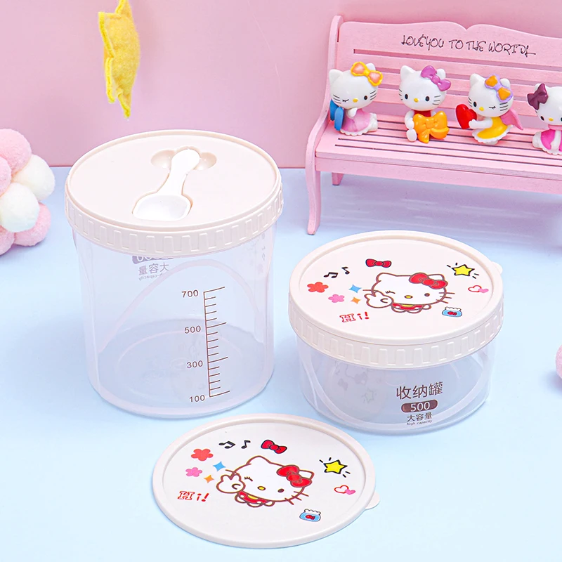 

500/1000Ml Hellokittys Cartoon Kawaii Moisture-Proof Transparent Sealed Jar Storage Plastic Bottle Storage Box with Spoon Home
