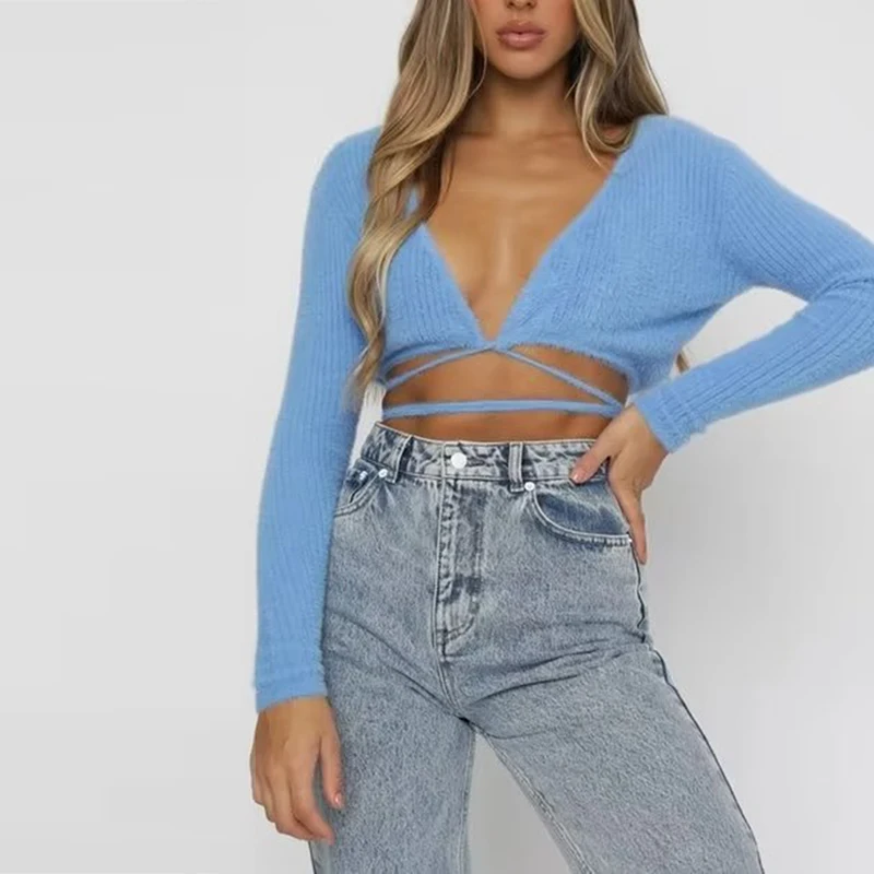 

Women Autumn Sexy Deep V neck Knitwear Long Sleeve Crop Top Jumpers Lace Up Sweater Solid Color