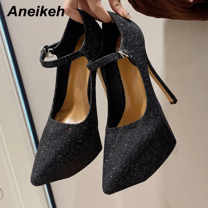 Aneikeh 2023 Sequins Leather Sexy Pointed en Ladies Platform Pumps High Heels Shoes for Women Summer Thin Heels Fashion Shoes
