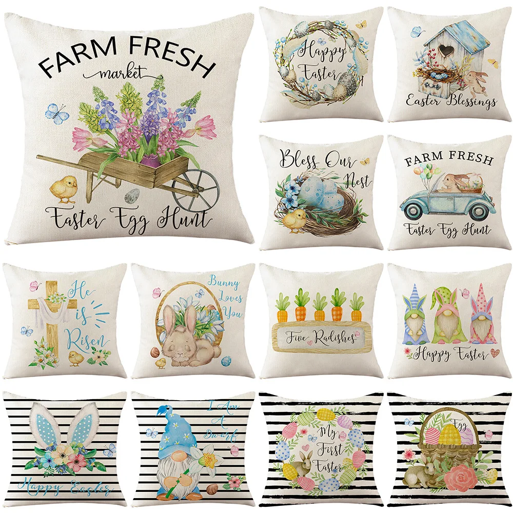 

Linen Home Printed Pillow Case Rabbit Series Cushion Watercolor Stripe Easter Pillow Case