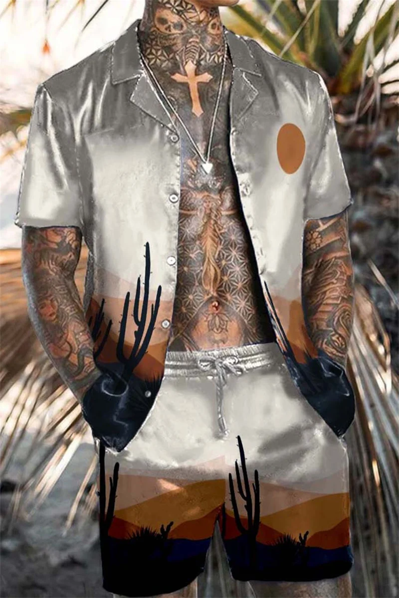 

Мужская рубашка с принтом пейзажа пустыни, комплект из двух предметов, летний мужской Пляжный комплект рубашки с коротким рукавом, 2023 Гавай...