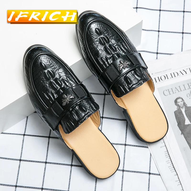 

Black Men Half slippers Fashion Young Casual Men Footwear Summer Half Drag Walking Shoes Mens Good Quality Leather Shoes Men