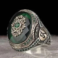 retro mens antique silver color green crystal finger ring engraving geometric irregular pattern for men male party jewelry