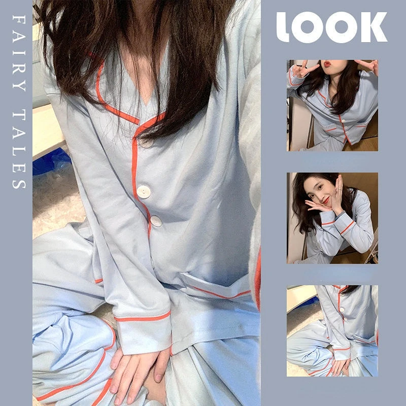 

Весенняя Новинка для девочек, милый пижамный комплект в Корейском стиле, Женская однотонная одежда для сна, женские брюки с отложным воротником и длинными рукавами, домашний костюм 2XL