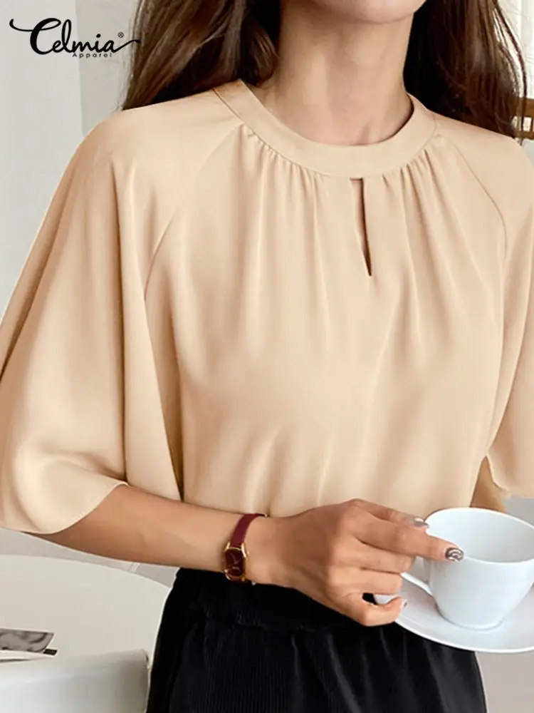 

Celmia Pleats All-match Tops Hollow Out Solid Tops O Neck 2022 Summer Shirts Korean Style Women Fashion Half Flare Sleeve Blouse