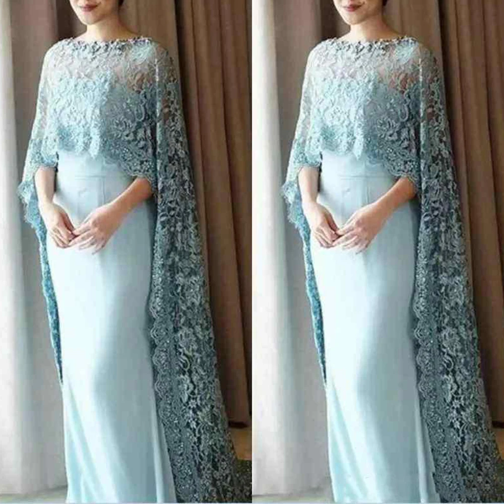 

2022 Elegant Dusty Blue Strapless Sheath Wedding Guest Dress Mother Of The Bride Dresses With Lace Cape