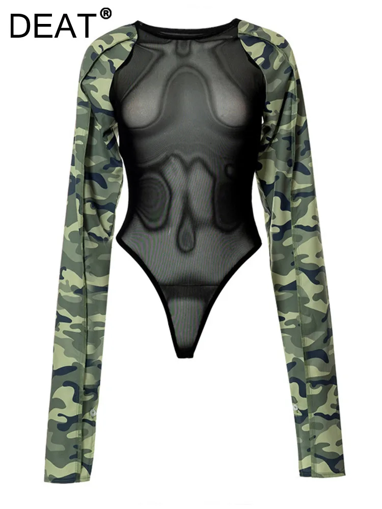 

DEAT Fashion Women Bodysuits O-neck Slim Perspective Mesh Patchwork Camouflage Long Sleeve Playsuit Autumn 2023 New 17A7014
