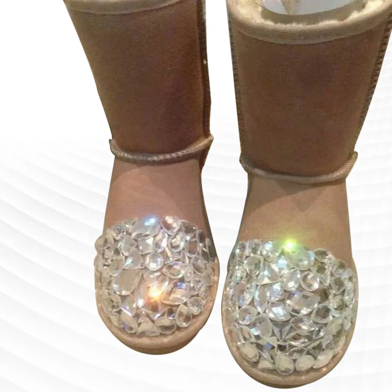 Long tube and leg boots are comfortable and warm in winter handmade DIY rhinestone plus velvet thick snow boots 35-44