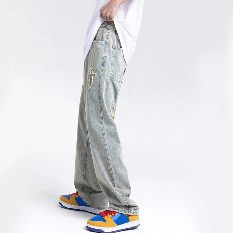 Men Jenas Denim Pants Straight Loose Wide-leg Pants Embroidered Spring Autumn Fashion Hip Hop Style Trousers Rare Humans Jeans