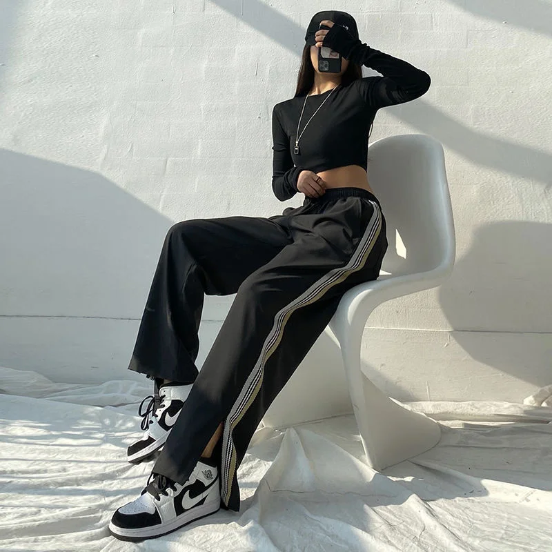 

NoEstaMal Spring Fashion Women Sport Pants Harajuku Elastic Waist Wide Leg Sweatpant New Streetwear Female Jogger Casual Trouser