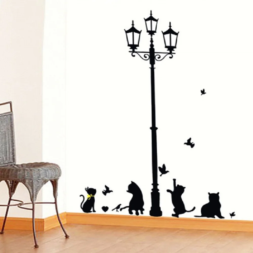 

New Hot Naughty Cats Birds And Street light Lamp Post Wall Stickers Home decoration School Room Kindergarten Wall Sticker 7Style