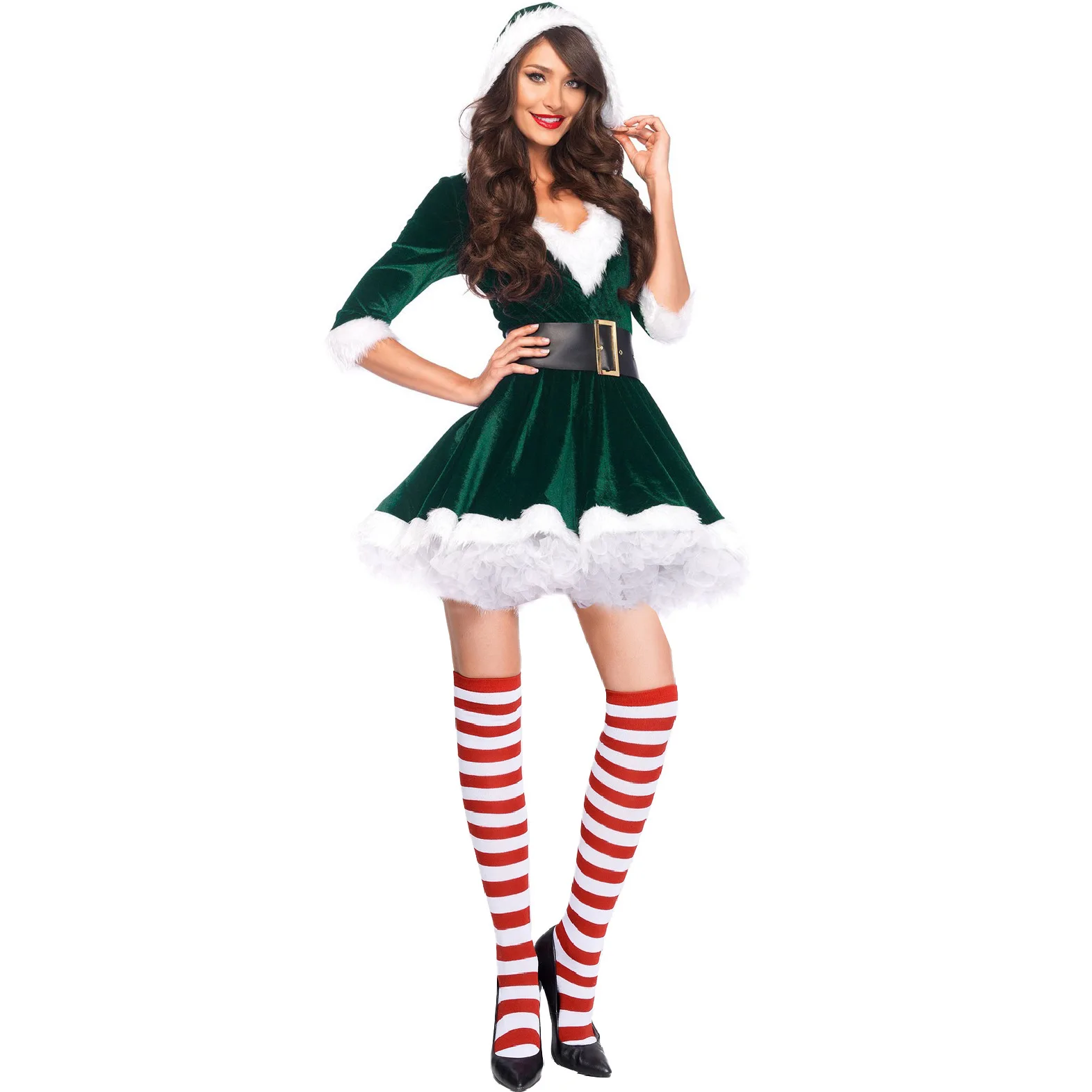 Fashion Miss Claus Elf Suit Christmas Cosplay Costumes Fancy Party Female Sexy Deep V Hoodie Santa Sweetie Mini Dress Outfits