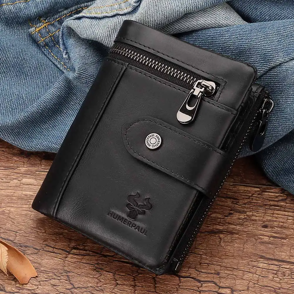 Genuine Leather Men's Wallet Fashion Casual Purse for Men RFID Blocking Credit Bank Card Holder with Double Zipper Coin Pocket
