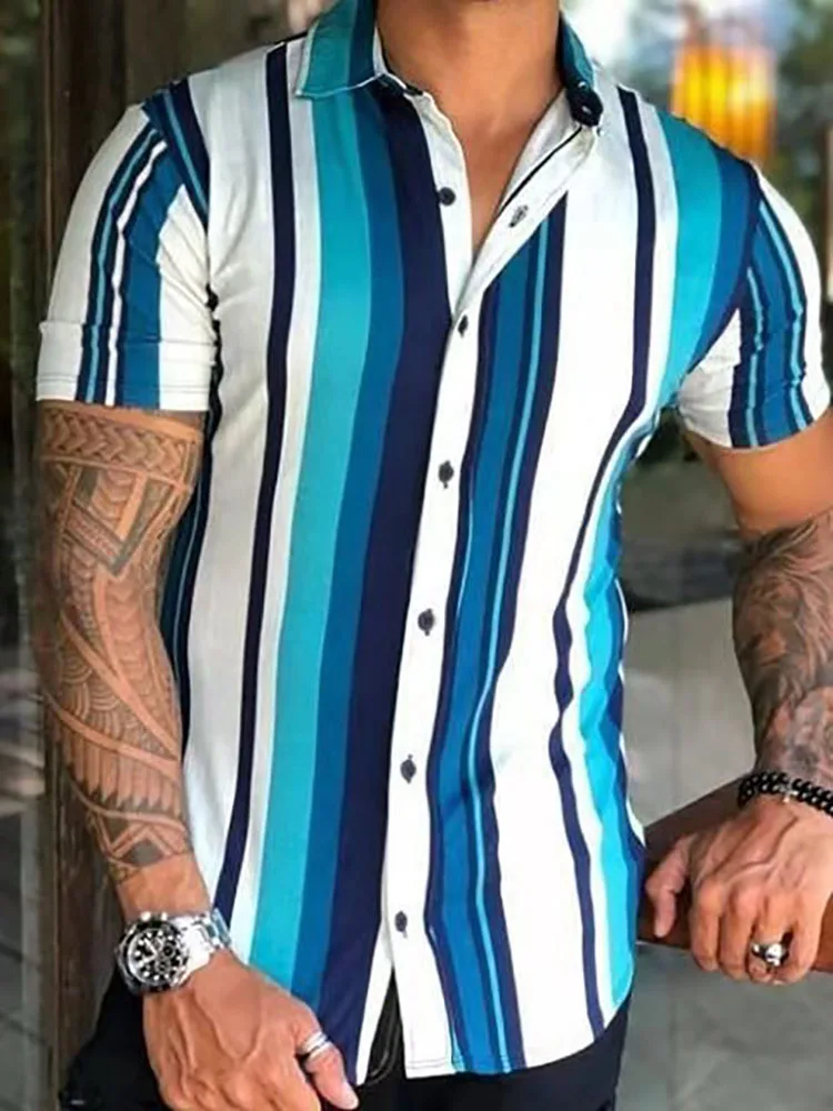 

2022 Summer Fashion Striped Print Shirts Men Casual Short Sleeve Button-up Shirt Mens Turn-down Collar Cardigan Tops Streetwear