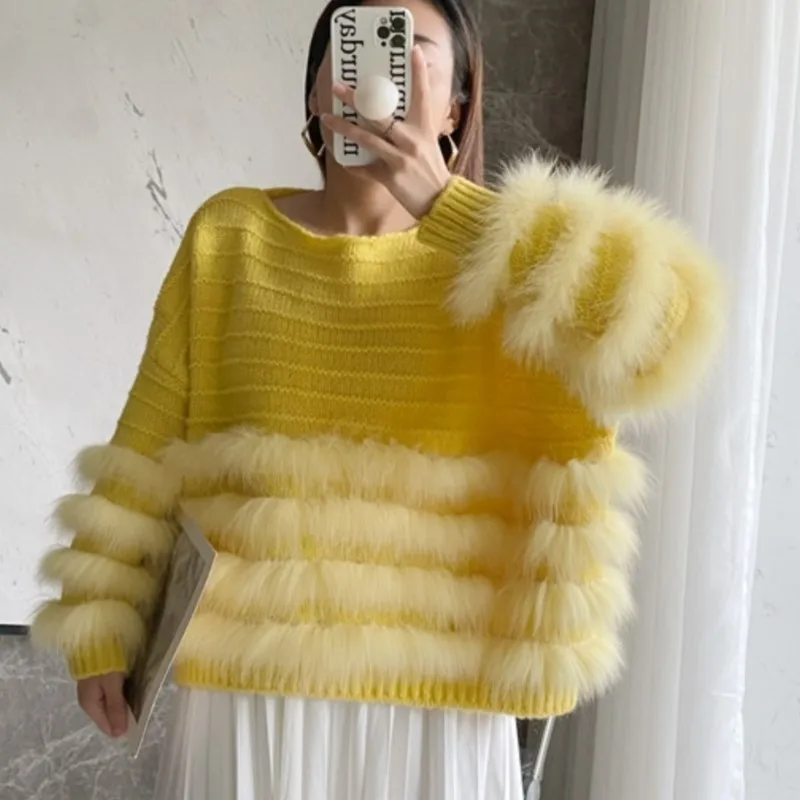 

ZDFURS*2022 Autumn and Winter New Batwing Sleeve Stitching Fox Fur Woven Sweater Short Fur Pullover Elegant Socialite Women