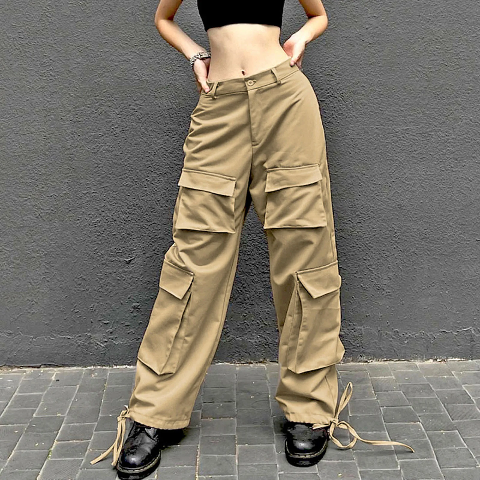 

Womens Cargo Pants Y2k Loose Joggers Straight Trousers Hip Hop Joggers Vintage Chic Solid Sweatpants Drawstring Wide Leg Trouser