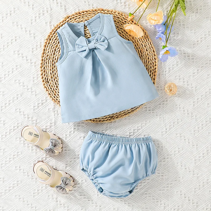 

2022 New Summer Baby Clothes Sets Sleeveless O Neck Bow Sky Blue 2 Piece Sets Designer Casual Girls Clothes Sets 0-2T