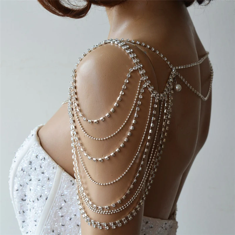 

Boho Bridal Multilayer Rhinestone Shawl Chain Ladies Style Fashion Super Sparkling Crystal Tassel Pearl Pendant Shoulder Chain