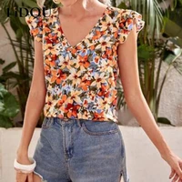 summer streetwear floral print loose casual shirt women v neck ruffles short sleeve blouse femme elegant tank top oversized vest