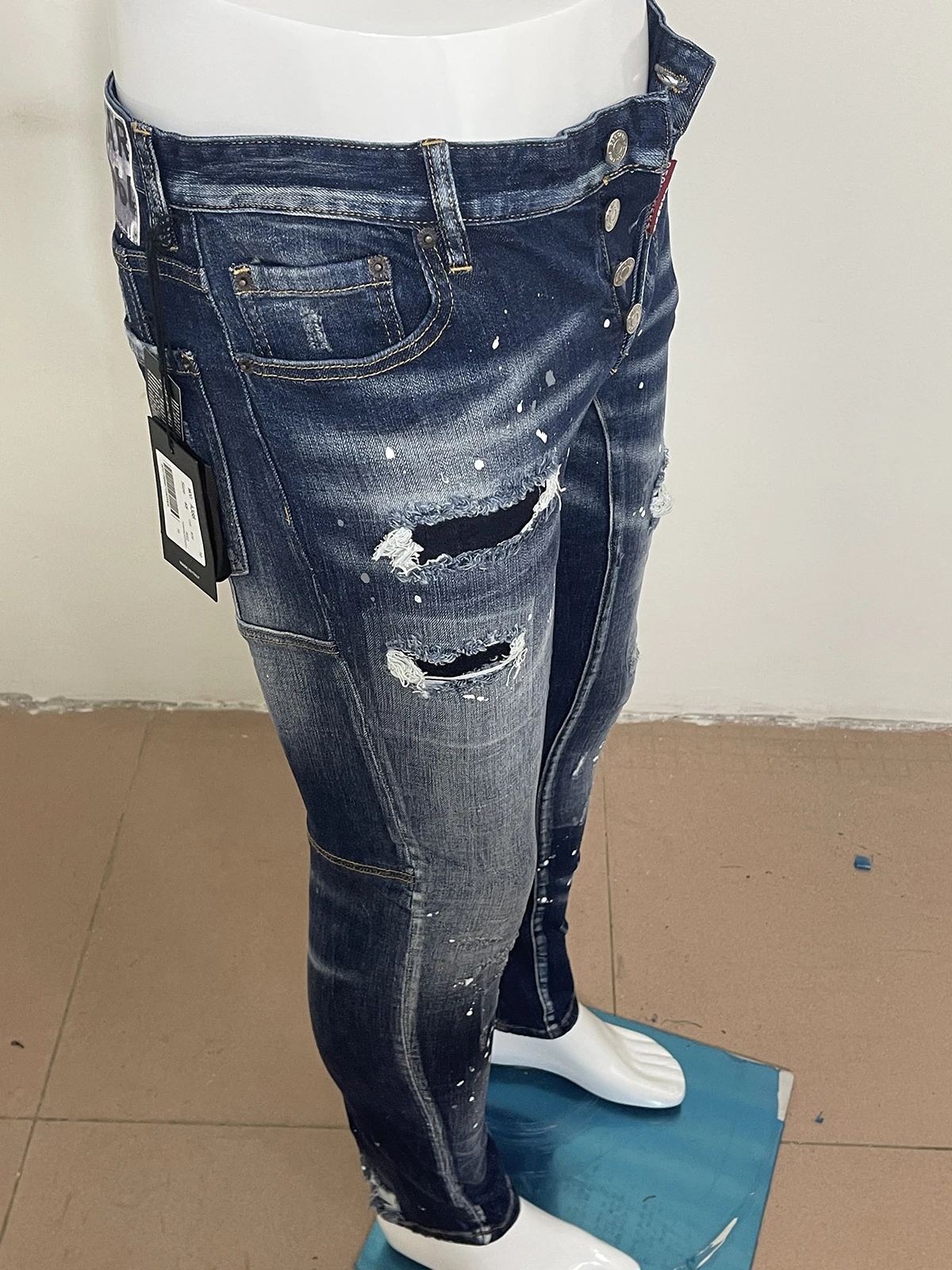 Spring/Summer 2023 new jeans d2 jeans splicing dark blue wash wear-resistant slim-fit micro-bullet casual patch paint 388