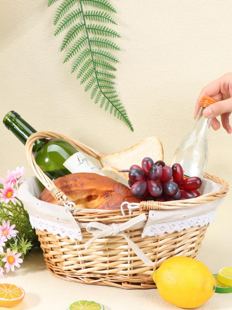 

Picnic Basket Woven Natural Wicker Basket with Double Handles Cloth Lining for Food Sundry Container Fruit Storage Easter Gift