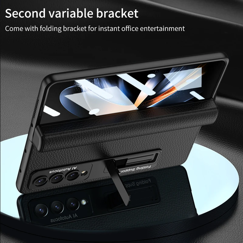 Magnetic Hinge Pen Box Case For Samsung Galaxy Z Fold4 Fold 4 Case Luxury Leather Hard PC Cover with Kickstand For Fold4 Cases