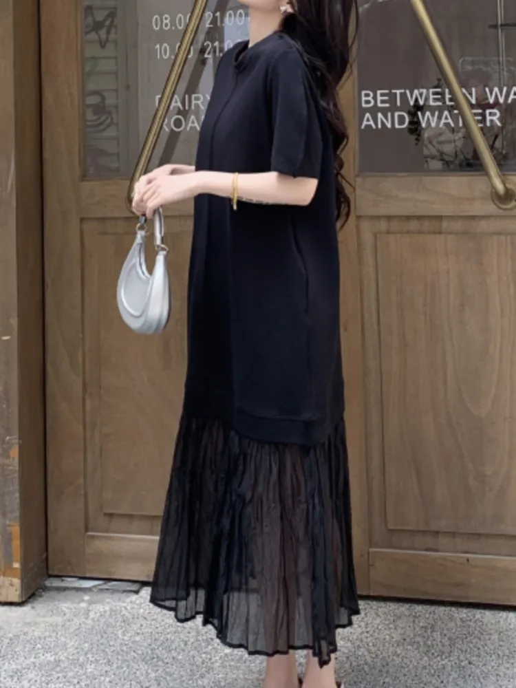 Плюс размер, летнее новое корейское женское платье нестандартной формы, Vestidos, халат Elbise, свободное лоскутное длинное платье с короткими рукавами, женские платья (art.: 3920ce925c7cd) - 3920ce925c7cd