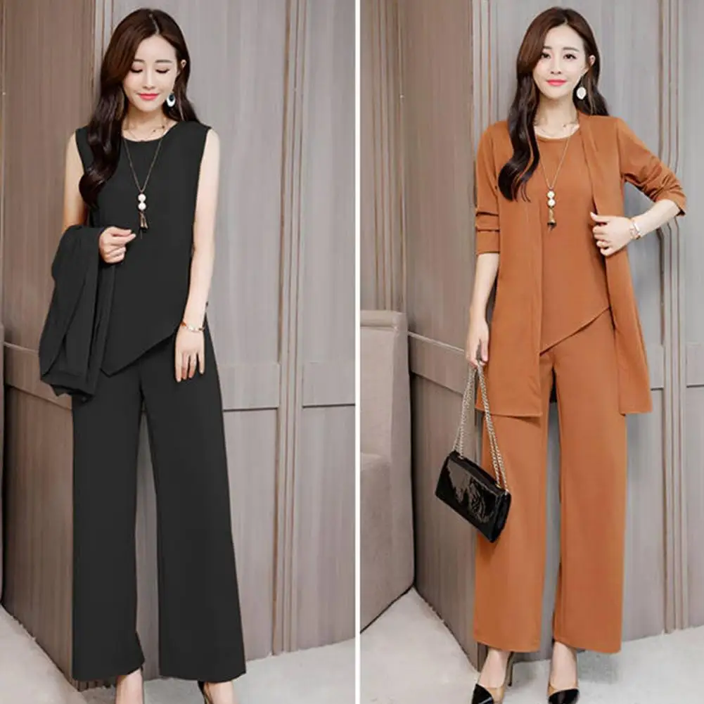 

3Pcs/Set Women Outfits O-neck Sleeveless Lady Tracksuit Irregular Hem Pocket Vest Top Wide Leg Pant Mid-length Cardigan Coat Set