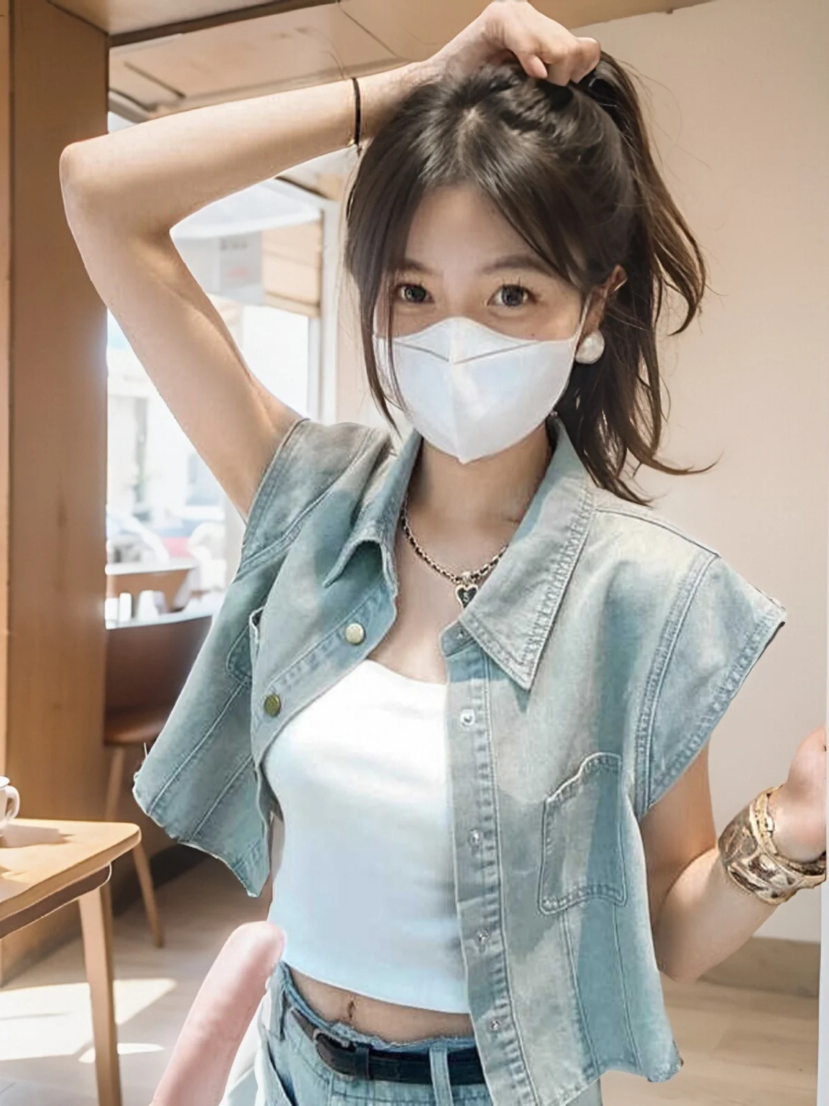 Корейская серия рубашка из джинсовой ткани с отложным воротником и длинными