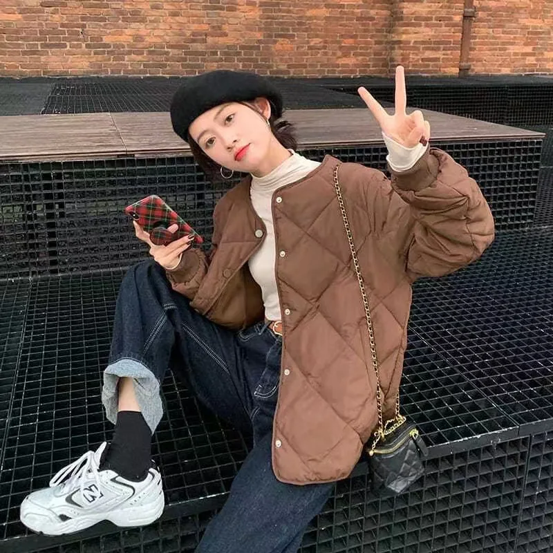 Niche Design Sense of Cotton Jacket Female Winter New Light Rhombic Plaid Bread Clothes Collarless Cotton Jacket
