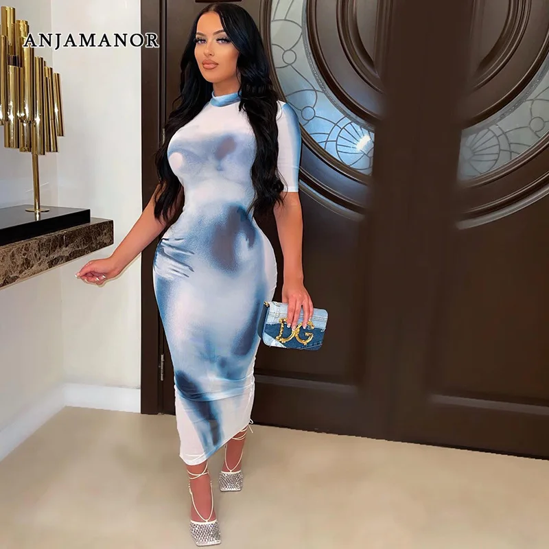 

ANJAMANOR Body Print Sheer Mesh Dresses for Women 2022 Fashion Sexy Clubwear Summer Short Sleeve Bodycon Long Dress D85-BG14