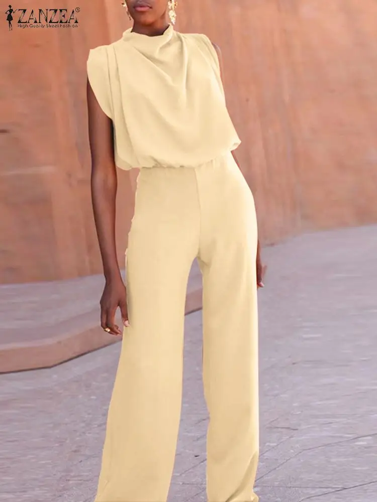 

ZANZEA Women Wide Leg Pants Overalls Elegant Sleeveless Long Jumpsuit Fashion Stand Collar Pleating Rompers Casual Tank Playsuit
