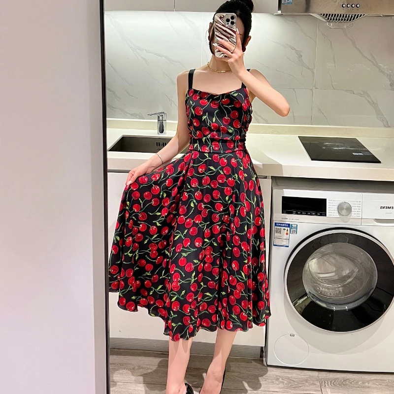 

Sweet Summer Campain Red Cherry Print Sleeveless Pleated Square Neck High Waist Women Midi Dress