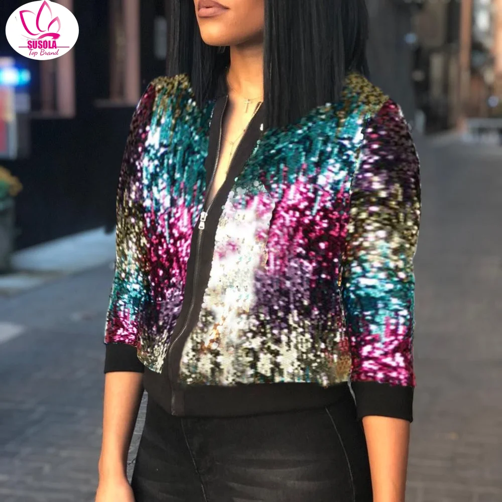 Женская бейсбольная куртка-бомбер с блестками и вышивкой