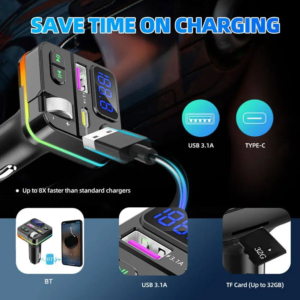 

Автомобильный Bluetooth ABS FM-передатчик PD Type-C двойной USB Стандартный модулятор быстрое окружающее MP3 3,1a Громкая связь цветное зарядное устройство для плеера T9O5