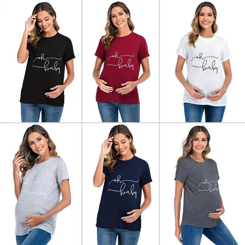 Summer Maternity Clothing Plus Size Maternity T-shirt Tops Short Sleeve Pregnancy Shirt Side Ruched Letter Casual Clothes S-3XL enlarge
