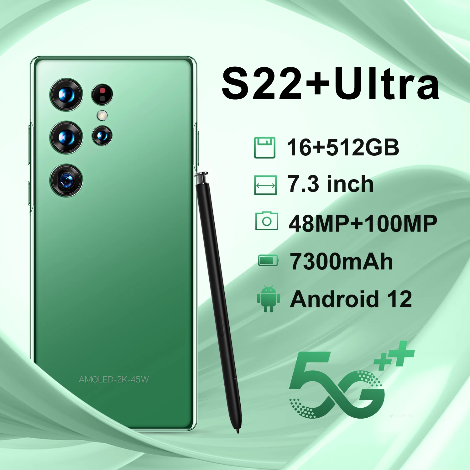 

2022 Global Version S22+ Ultra 7.3 Inch 16+512GB/1T 48+100MP 7300mAh Smartphones Face Fingerprint ID Mobile Phone Qualcomm 888+