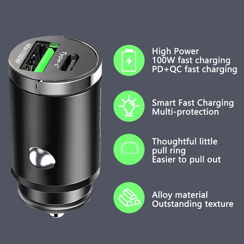 

100W Car Charger Mini Invisible Car Charger Quick Charging USB Tpyc-C Car Phone Charger QC3.0 PD Mobile Phone Charger