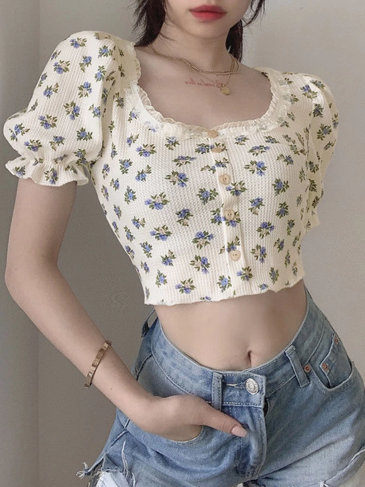 

Women Vintage Sexy Floral Waffle Cropped Short Sleeve Tee Summer Square Neck Puff Sleeve Lace Button Kawaii Harajuku Graphic Tee