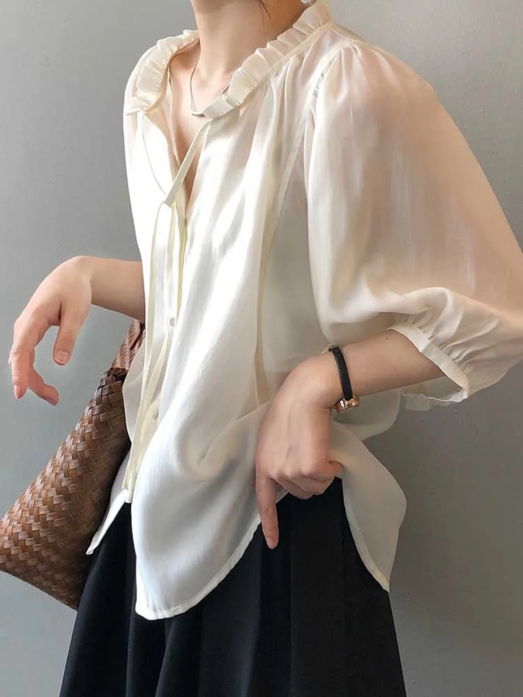 

New Summer Women's T-Shirt Fashion Cropped Puff Sleeve Designer Blouse for Women 2022 Casual Bandage Chic V-Neck Female Shirts