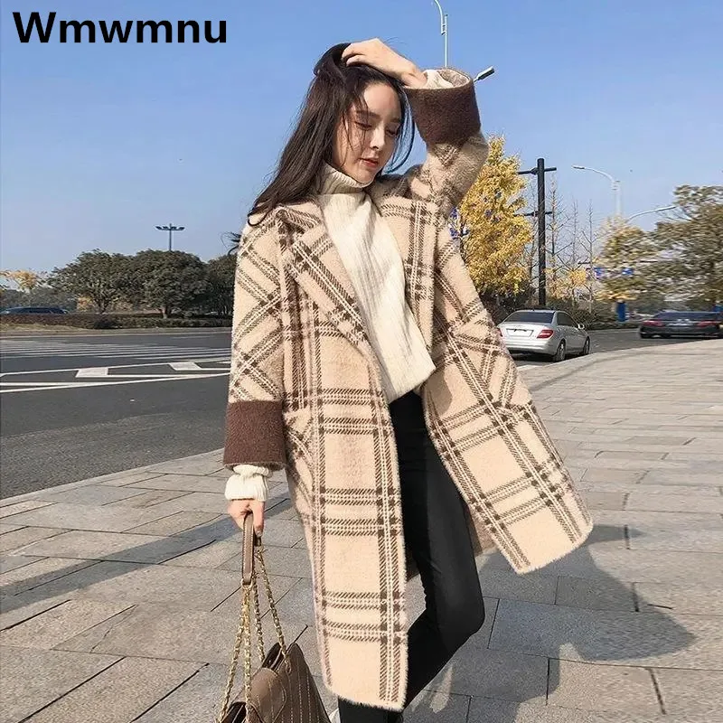 

Зимние женские пальто из искусственной норки, корейская мода, утепленные клетчатые куртки с бархатной подкладкой, повседневное свободное зимнее пальто средней длины 4xl