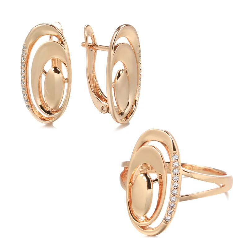 

New 585 Rose Gold Drop Earrings Ring Stes for Women Fashion Minimalist Geometry Natural Zircon Earrings Ring Daily Jewelry Set