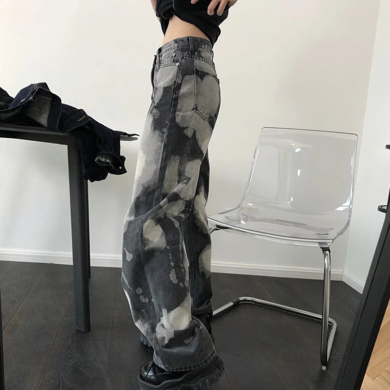 

Джинсы с разбрызгивающимися чернилами, с завышенной талией, свободные модные прямые широкие брюки, женские повседневные брюки, женские вес...
